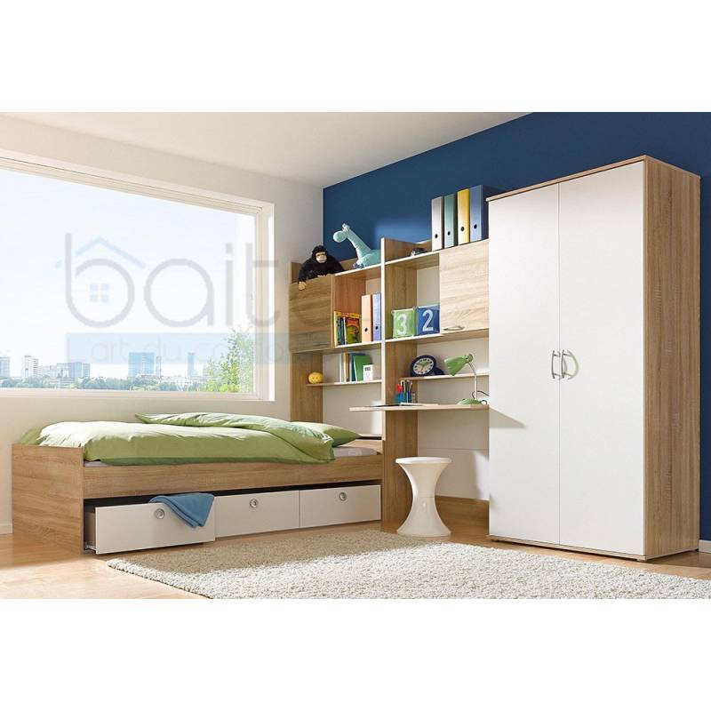 Chambre à coucher pour enfant Skander - Bois MDF stratifié - Blanc, chêne Chambre à coucher pour enfant Skander - Bois MDF stratifié - Blanc, chêne
