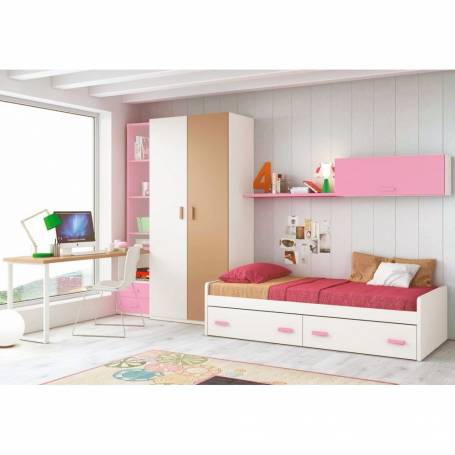 Chambre à coucher line pour enfant - Bois MDF Stratifié - Blanc, Beige, Rose