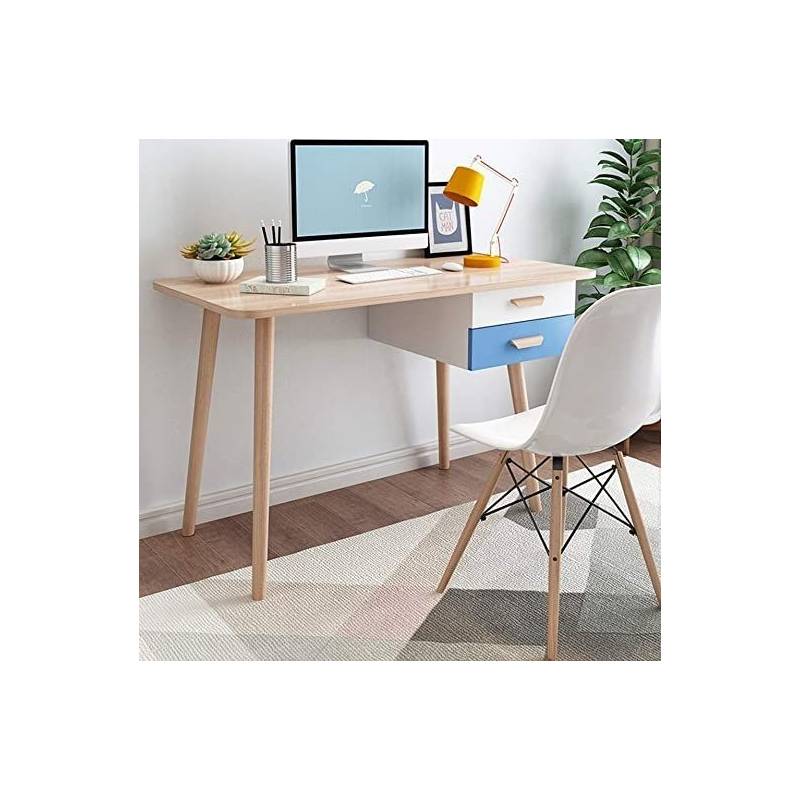 Bureau scandinave - 120*75*50 cm - Bois MDF Stratifié - Blanc, bleu, chêne