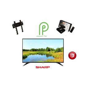 Pack Sharp -Téléviseur 32" - Box Android9,ALPHA IPTV 12M - Support mural- Garantie 3 ans