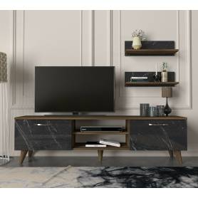 Meuble TV design rustique - 150*43*30 cm - Bois MDF stratifié - Marron, Noir marbré