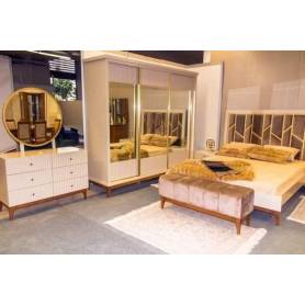 Chambre à coucher pour adulte Lina - Bois MDF, bois hêtre - Blanc, doré - portes coulissante