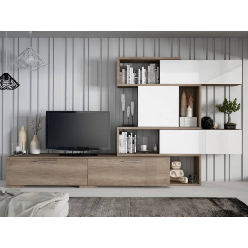 Meuble TV   - Chêne & Blanc - Bois MDF stratifié