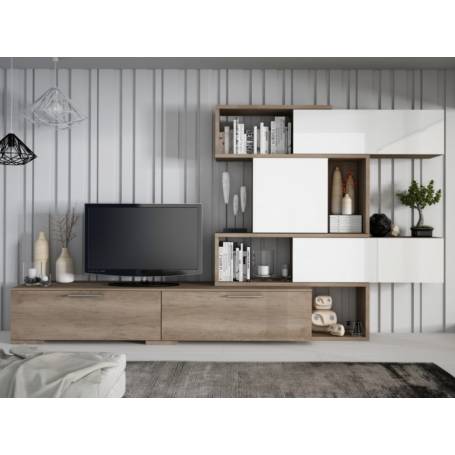 Meuble TV   - Chêne & Blanc - Bois MDF stratifié