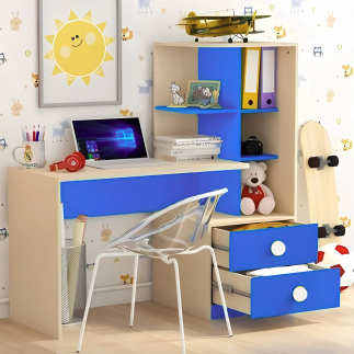 BUREAU BIBLIOTHÈQUE - 170*75*60 CM - BLEU & CHÊNE