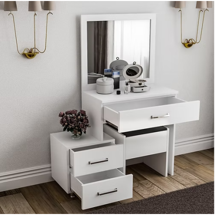 Coiffeuse Classique avec chaise - Bois MDF stratifié - Blanc