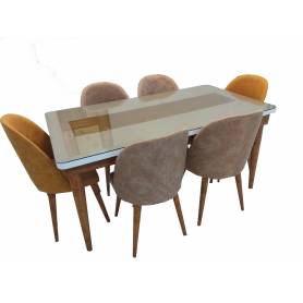 Table pour salle à manger avec six chaises en bois massif rouge "blenz" - Fumée